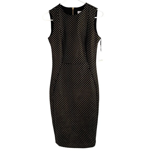 Calvin Klein Black & Gold Polka Dot Sleeveless Sheath Dress Size 2 NWT Pencil - Picture 1 of 9